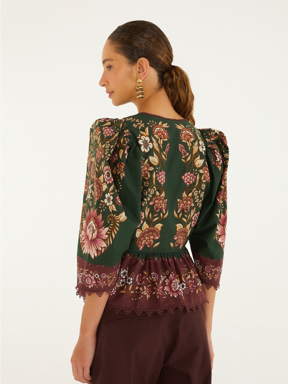 Farm RioDaniela Lace Puff Sleeve Bohemian Floral V-Neck Peplum Blouse - Picture 4 of 10